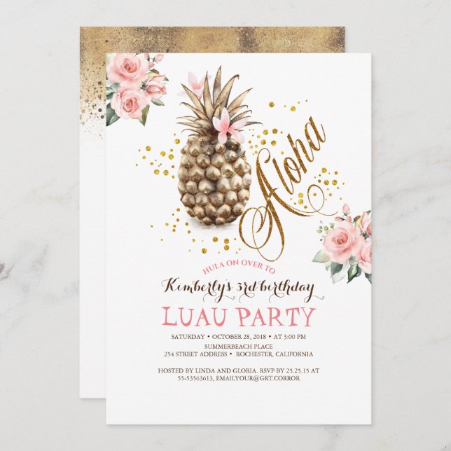 Tropical Gold Pineapple Pink Floral Luau Birthday Invitation (Front/Back)