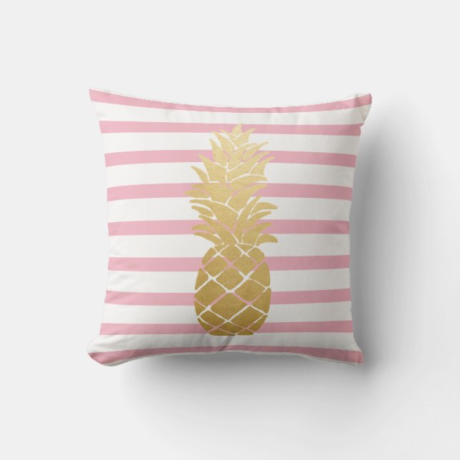 Tropical Gold Pineapple | Pink Stripes Pattern Cushion (Front)