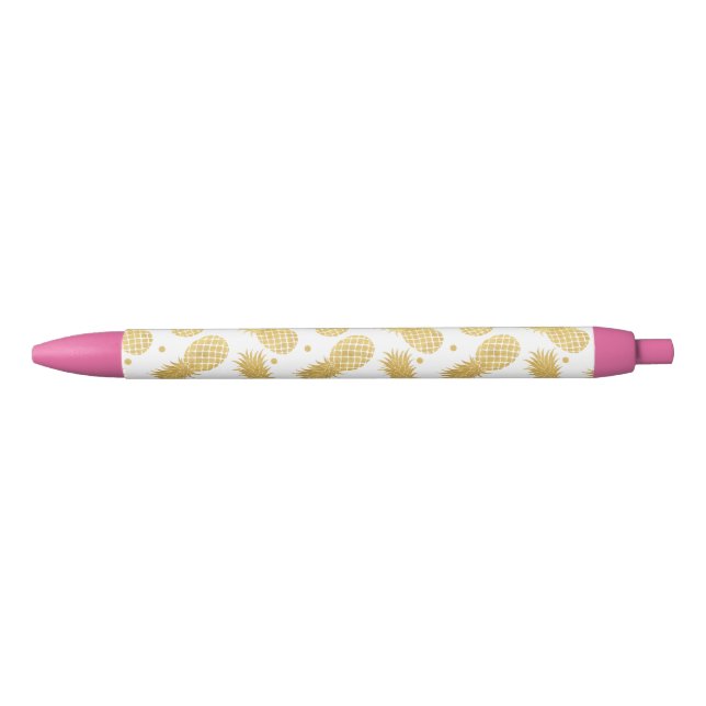 Tropical Gold Pineapples and Confetti Dots Black Ink Pen (Front)