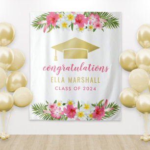 Tropical Gold Pink Congratulations Grad Backdrop Tapestry