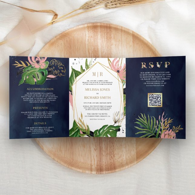 Tropical Gold Pink Floral Navy QR Code Wedding Tri-Fold Invitation (Creator Uploaded)