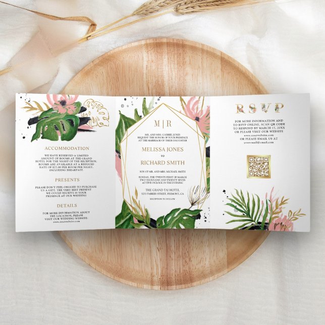 Tropical Gold Pink Floral QR Code Wedding Tri-Fold Invitation (Creator Uploaded)