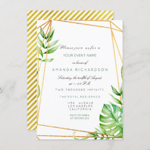 Tropical Gold Poligonal Frame Stripes Lines Green Invitation