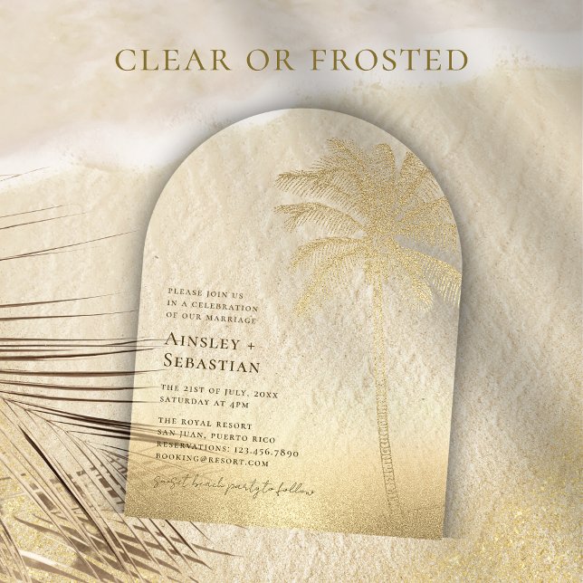 Tropical Gold Sand Palm Tree Boho Beach Wedding Acrylic Invitations (Creator Uploaded)