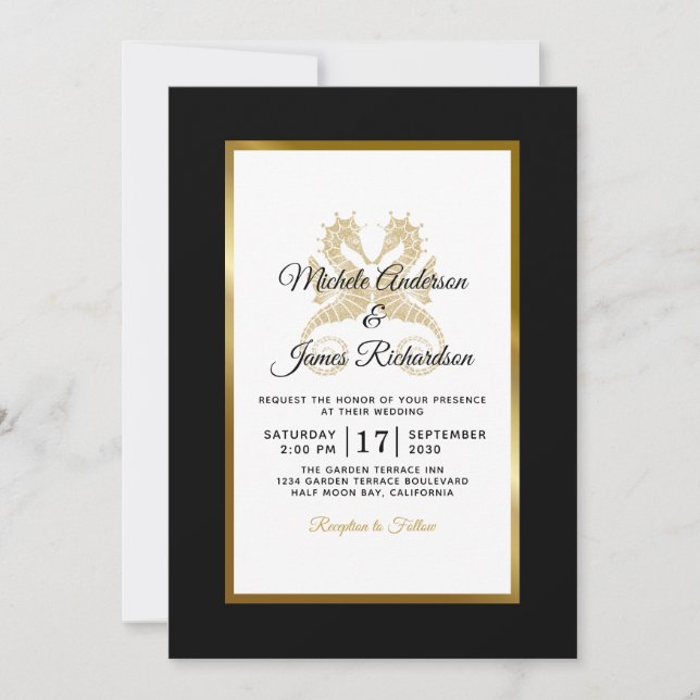 Tropical Gold Seahorses Elegant Wedding Invitation (Front)