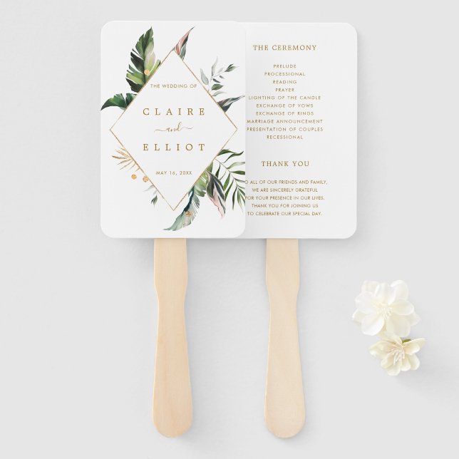 Tropical Gold Wedding Ceremony Program | Thank You Hand Fan (Front and Back)
