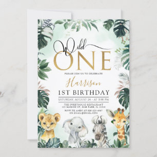 Tropical Gold Wild One Jungle Safari 1st Birthday Invitation