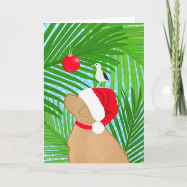 Tropical Golden Dog Santa Seagull Christmas Card (Front)