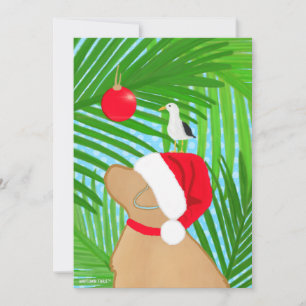 Tropical Golden Dog Santa Seagull Christmas Flat Holiday Card