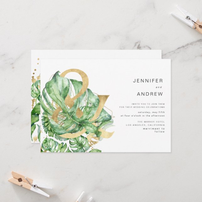 Tropical Golden Foliage Ampersand Wedding Invitation (Front/Back In Situ)