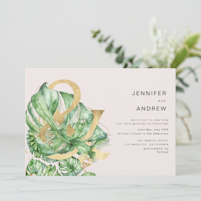 Tropical Golden Foliage Ampersand Wedding Invitation (Standing Front)
