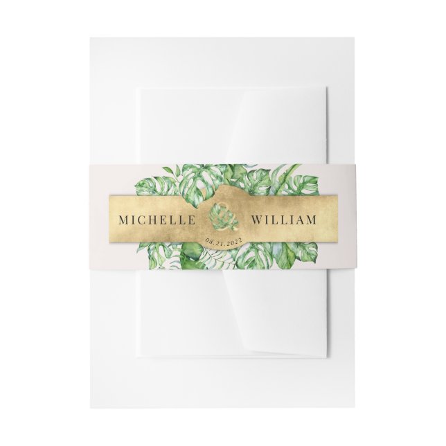 tropical golden foliage monogram Wedding Invitatio Invitation Belly Band (Front Example)