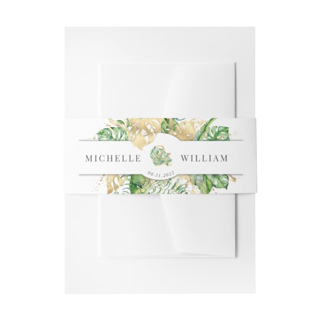 tropical golden foliage monogram Wedding Invitation Belly Band (Front Example)