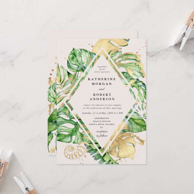 Tropical Golden Foliage Wedding Invitation (Front/Back In Situ)