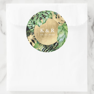 Tropical Golden Foliage Wedding Monogram Classic Round Sticker