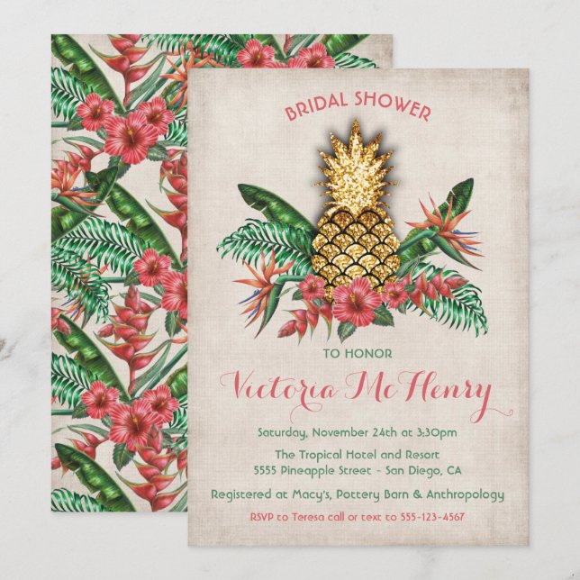 Tropical Golden Pineapple Bridal Shower Invitation (Front/Back)
