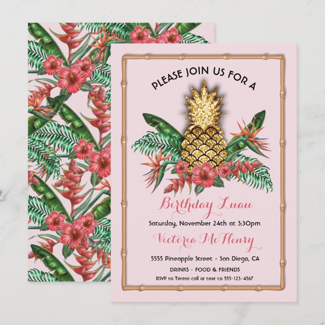 Tropical Golden Pineapple Luau Party Invitation (Front/Back)