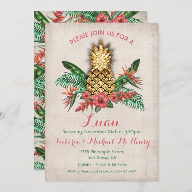 Tropical Golden Pineapple Luau Party Invitation (Front/Back)