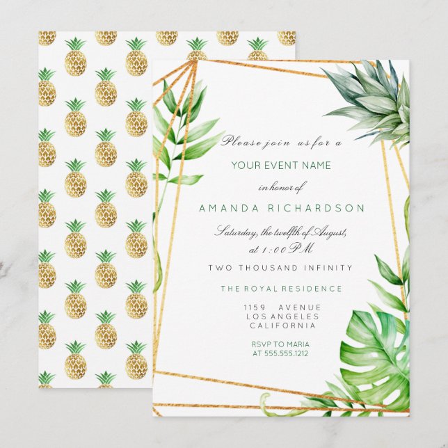 Tropical Golden Poligonal Frame Watermelon Green Invitation (Front/Back)
