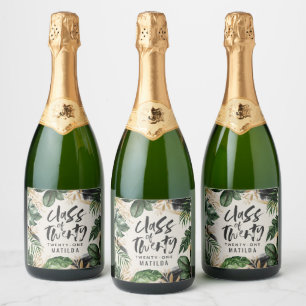 Tropical graduation class of modern botanical squa sparkling wine label