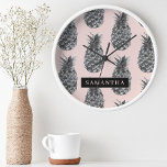 Tropical Gray & Pink Pineapple Pattern With Name Round Clock<br><div class="desc">Tropical Gray & Pink Pineapple Pattern With Name</div>