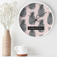 Tropical Gray & Pink Pineapple Pattern With Name