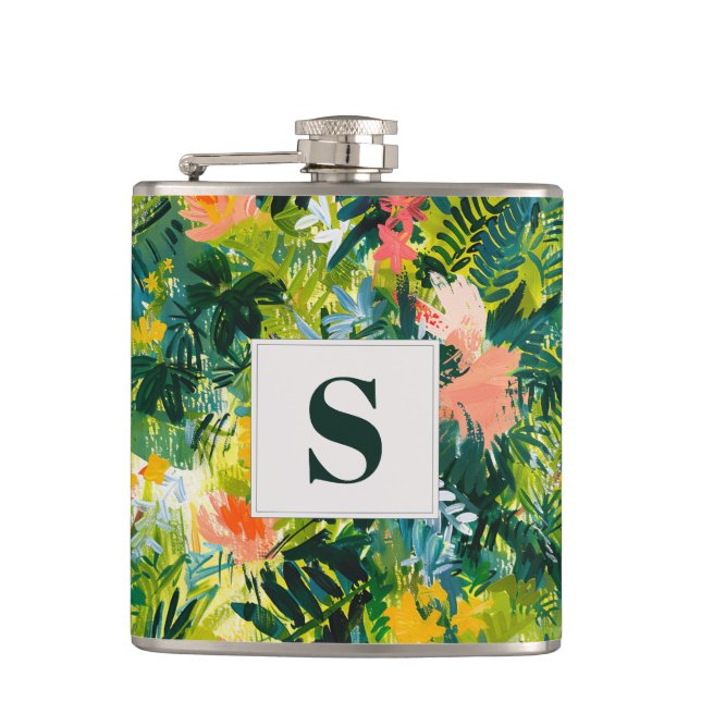 Tropical Green Abstract Botanical Monogrammed Hip Flask (Front)
