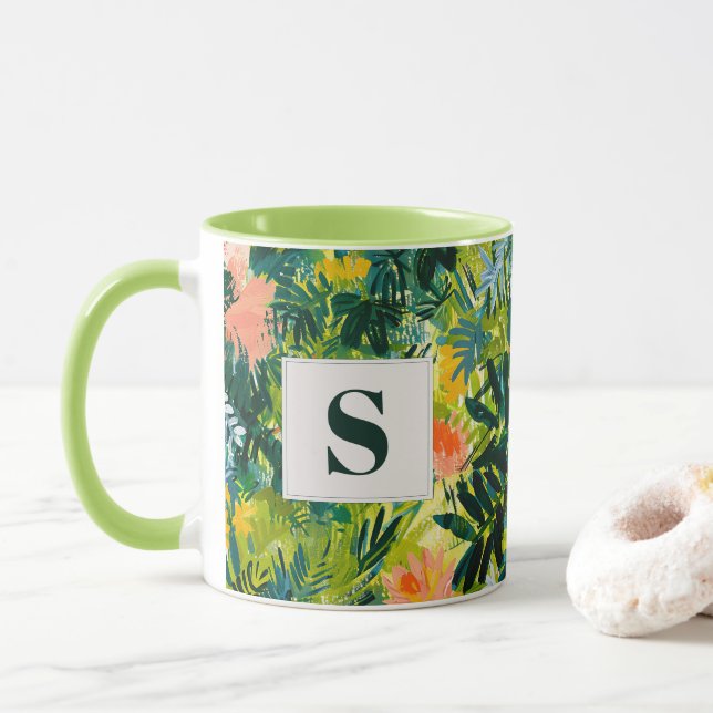 Tropical Green Abstract Botanical Monogrammed Mug (With Donut)