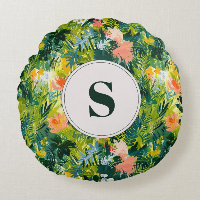 Tropical Green Abstract Botanical Monogrammed Round Cushion (Front)
