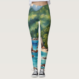 Tropical Green and Blue Seychelles Beach Leggings