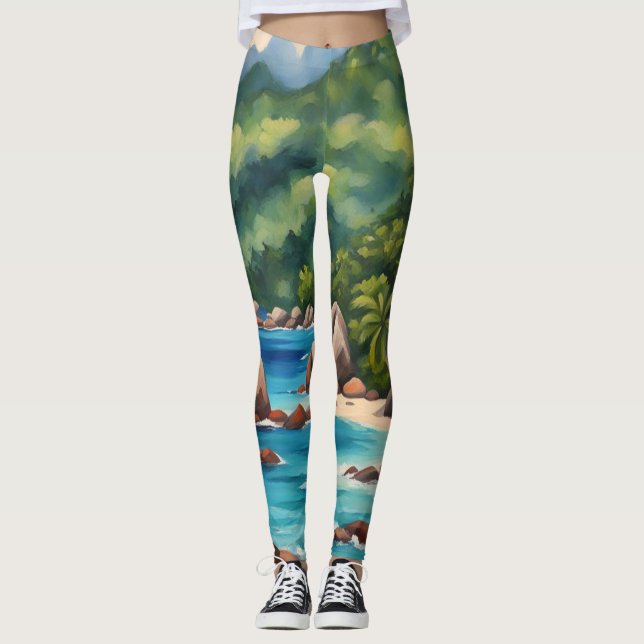 Tropical Green and Blue Seychelles Beach Leggings (Front)