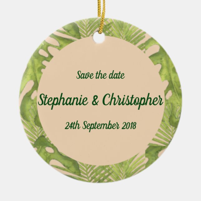 Tropical Green and Blush Wedding Ceramic Tree Decoration (Front)