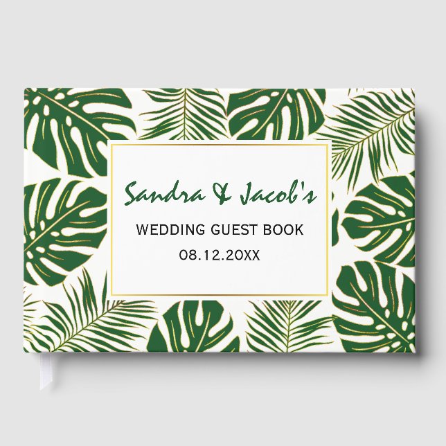 Tropical green and gold leaves modern wedding guest book (Front)