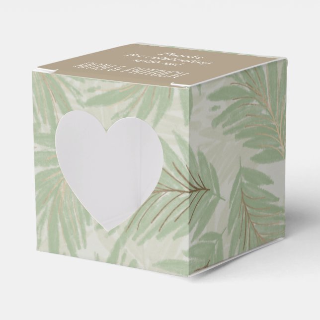 Tropical Green and Gold Leaves on Sage Heart Favour Box (Front Side)