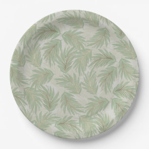 Tropical Green and Gold Leaves on Sage Paper Plate