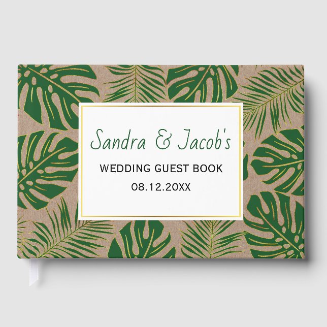 Tropical green and gold leaves rustic wedding guest book (Front)