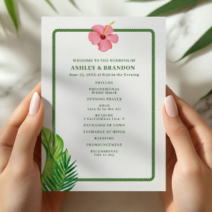 Tropical Green and Pink Flower Coastal Wedding Programme