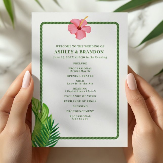 Tropical Green and Pink Flower Coastal Wedding Programme (Creator Uploaded)