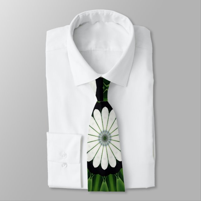 Tropical Green and White Flora Mandala Tie (Tied)
