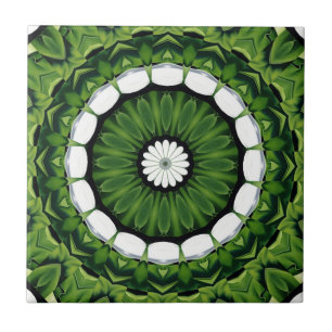 Tropical Green and White Flora Mandala Tile