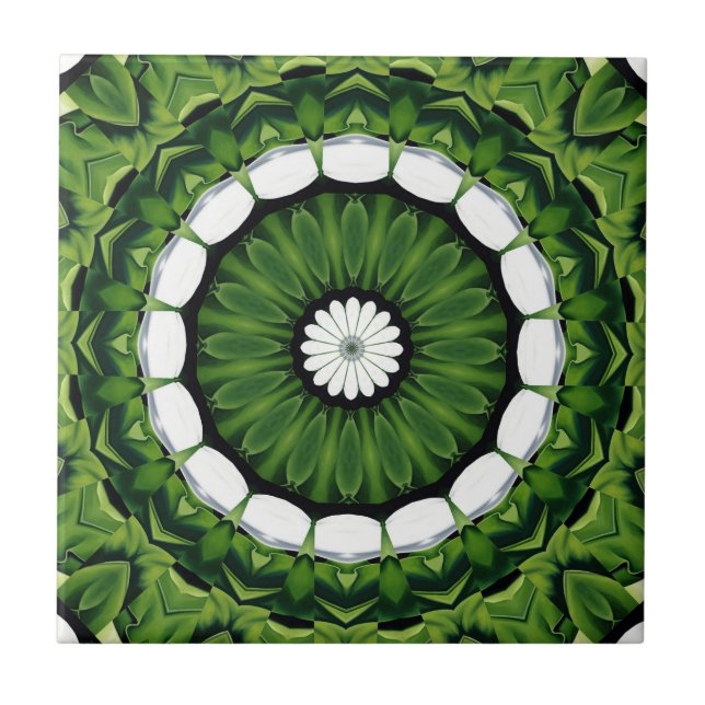 Tropical Green and White Flora Mandala Tile (Front)