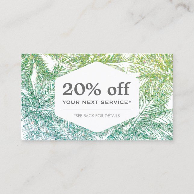 Tropical Green/Aqua Glitter Palms Discount Card (Front)