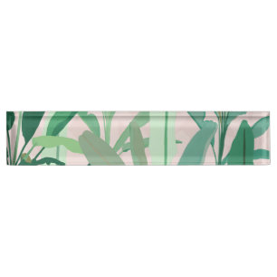 Tropical Green Banana Leaves Pink Pattern Nameplate