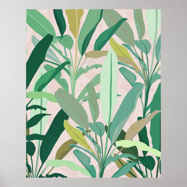 Tropical Green Banana Leaves Pink Pattern Poster (Front)