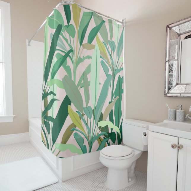 Tropical Green Banana Leaves Pink Pattern Shower Curtain (In Situ)