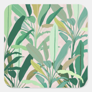 Tropical Green Banana Leaves Pink Pattern Square Sticker