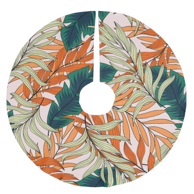 Tropical green beige leaves, seamless pattern. brushed polyester tree skirt (Front)