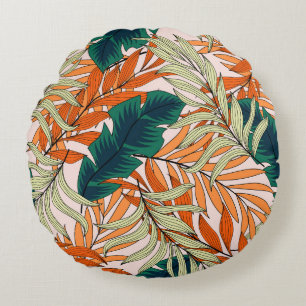 Tropical green beige leaves, seamless pattern. round cushion