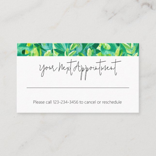 Tropical Green Blue Leafs Appointment Reminder Business Card (Front)