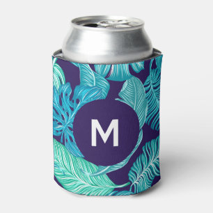 Tropical Green Blue Leaves Pattern Monogram Can Cooler
